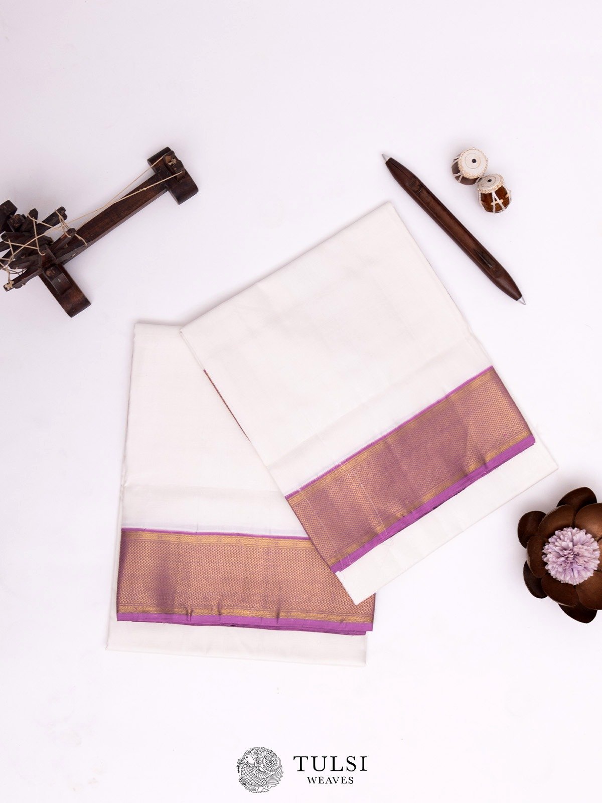 White Silk Dhoti with Light Lavender Border