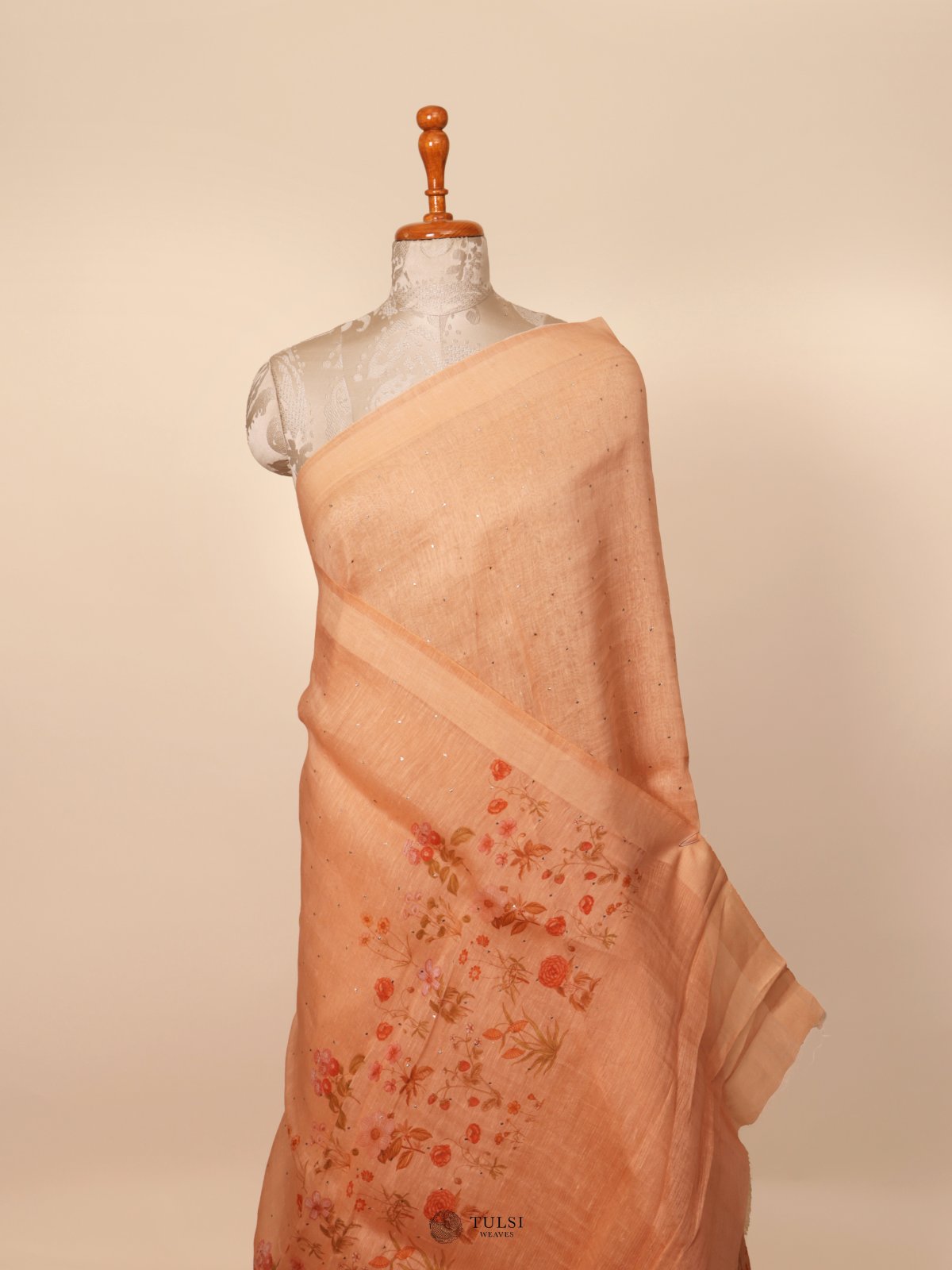 Orange Printed Linen Saree
