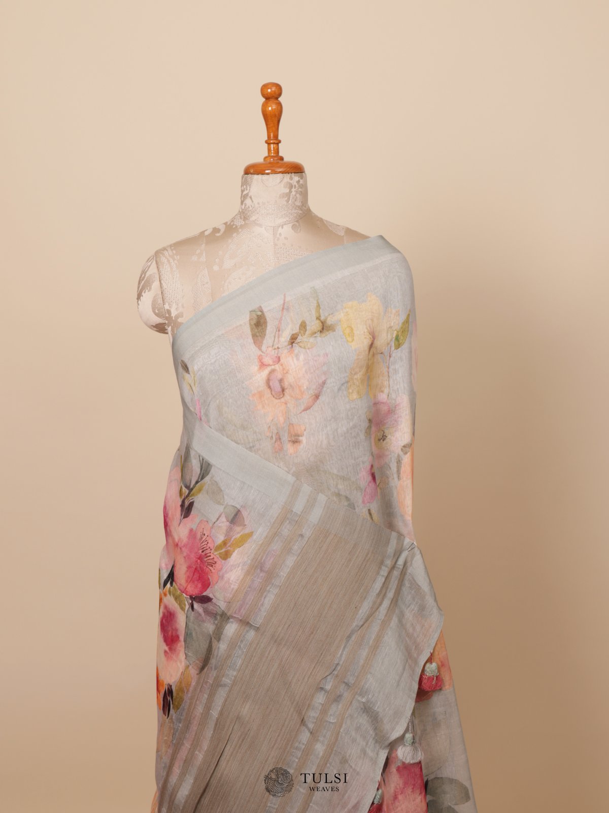 Light Blue Printed Linen Saree