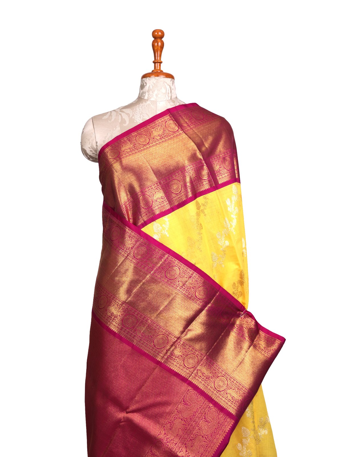 Yellow Khadi Cotton Saree With Magenta Pink Kanjeevaram Silk Border