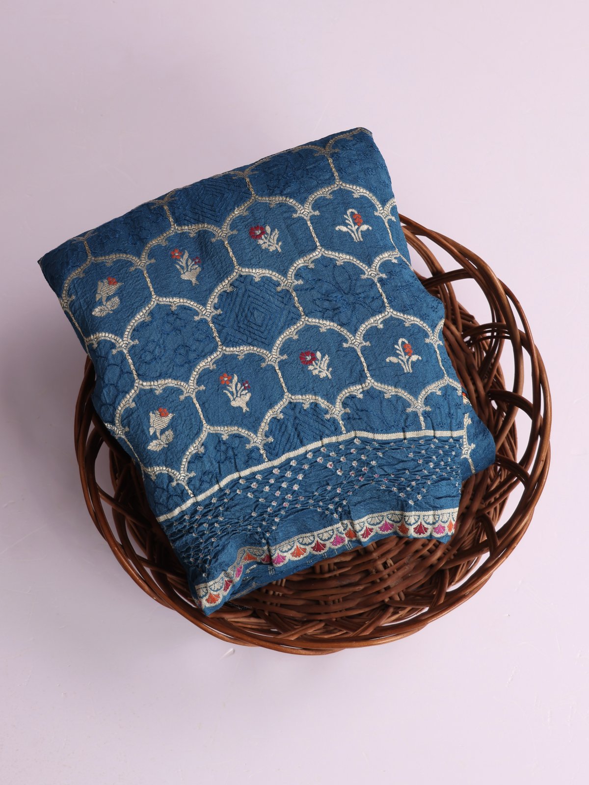 Teal Blue Tussar Georgette Silk Saree With Bandhini Border