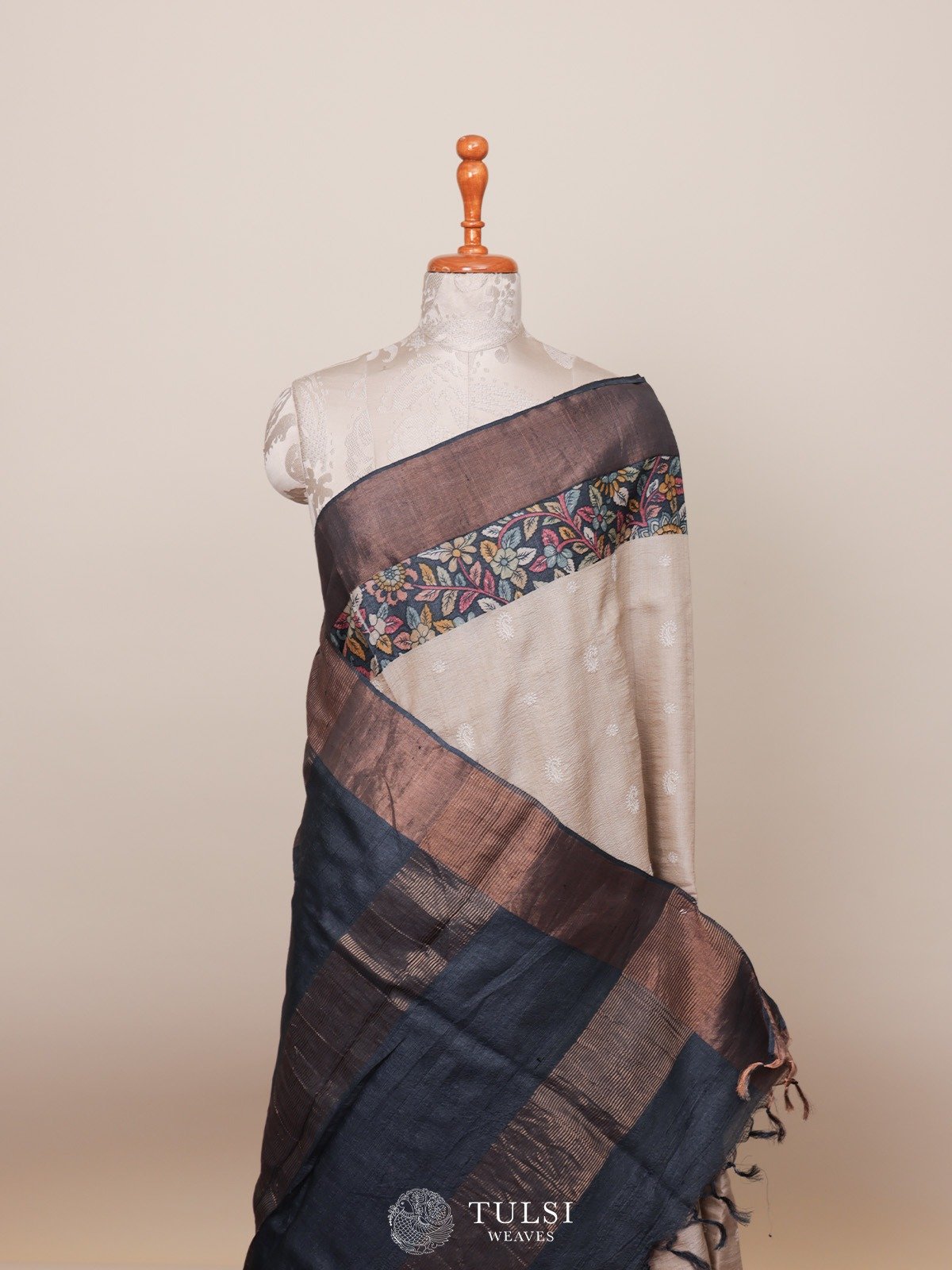 Almond Tussar Silk Saree With kalamkari Border