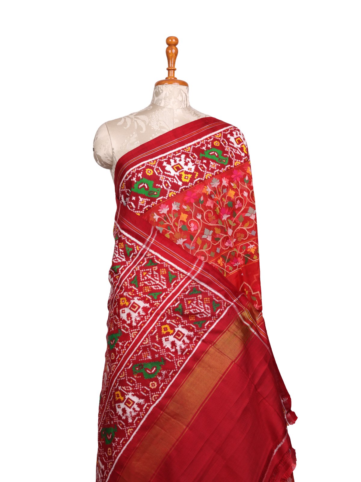 Red Jamdani Kora Silk Saree With Red Patan Patola Border