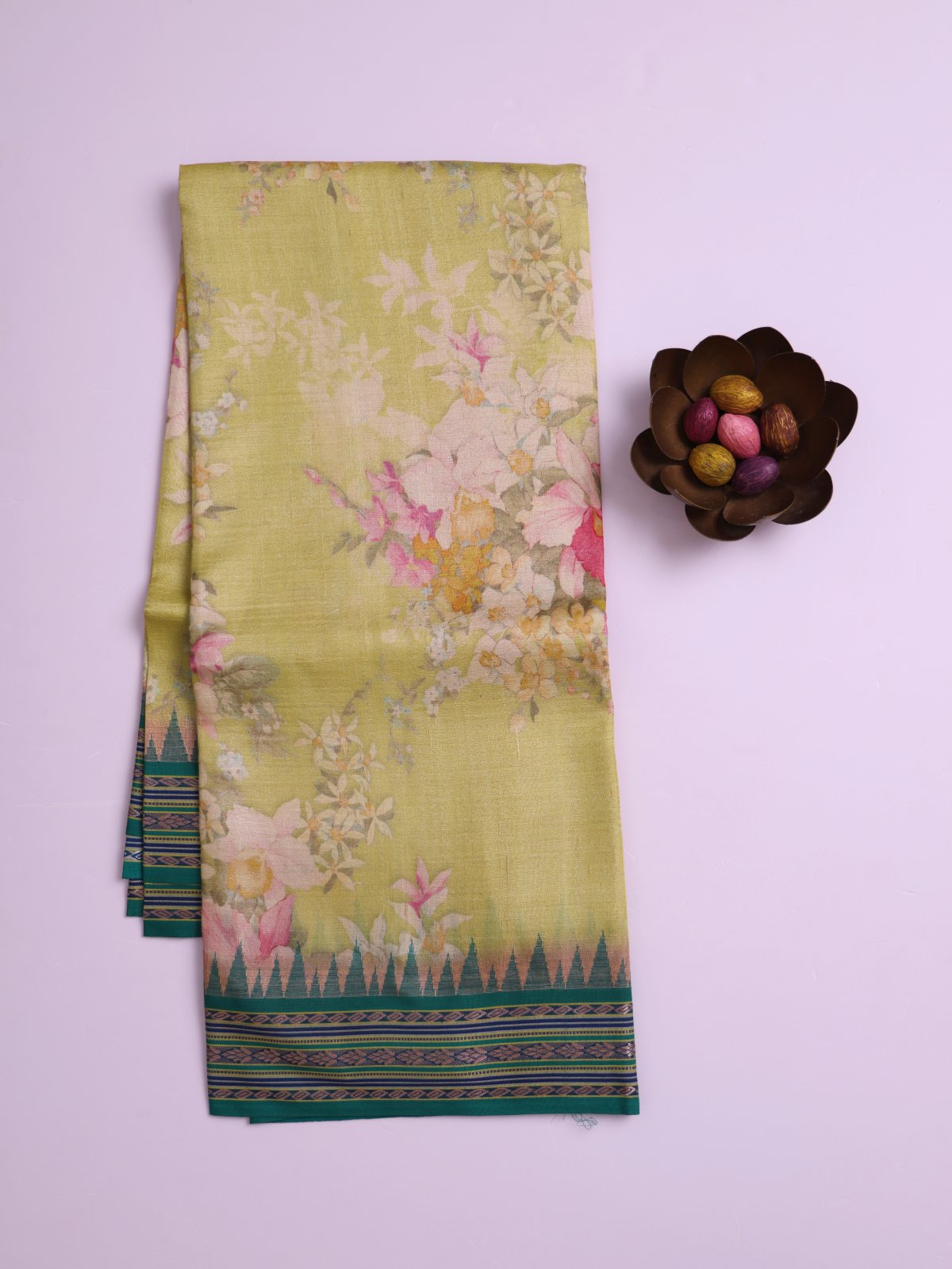Pastel Green Printed Tussar Silk Saree with Dark Green Vidarbha Border