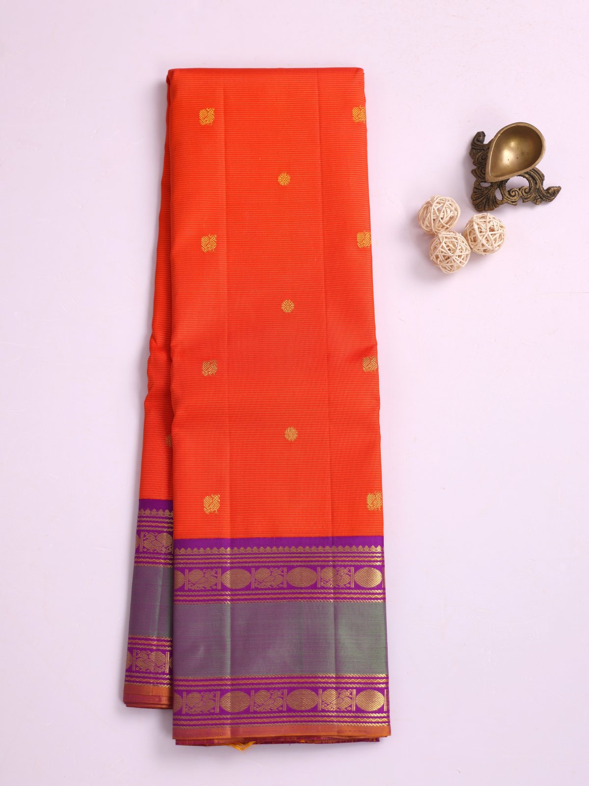 Reddish Orange Vaira Oosi Kanjeevaram Silk Saree With Purple Border