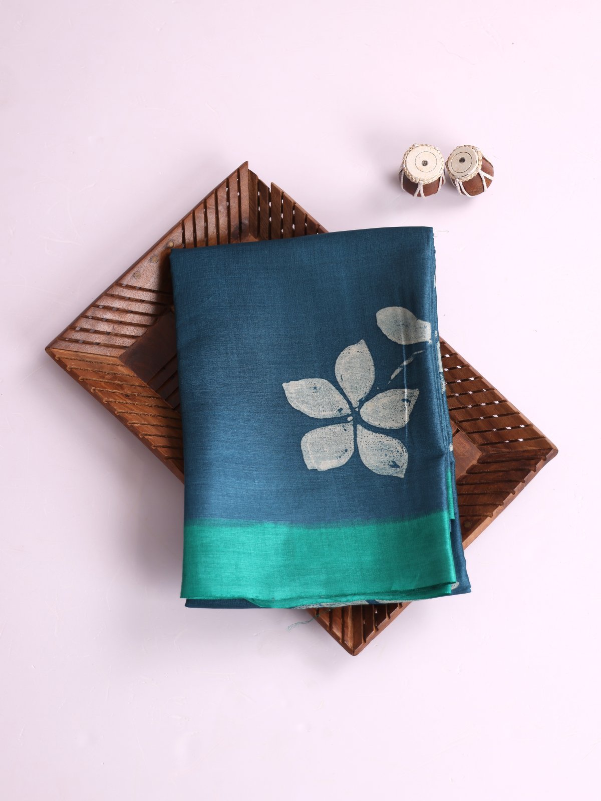 Peacock Blue Printed Tussar Silk Saree With Teal Green Border