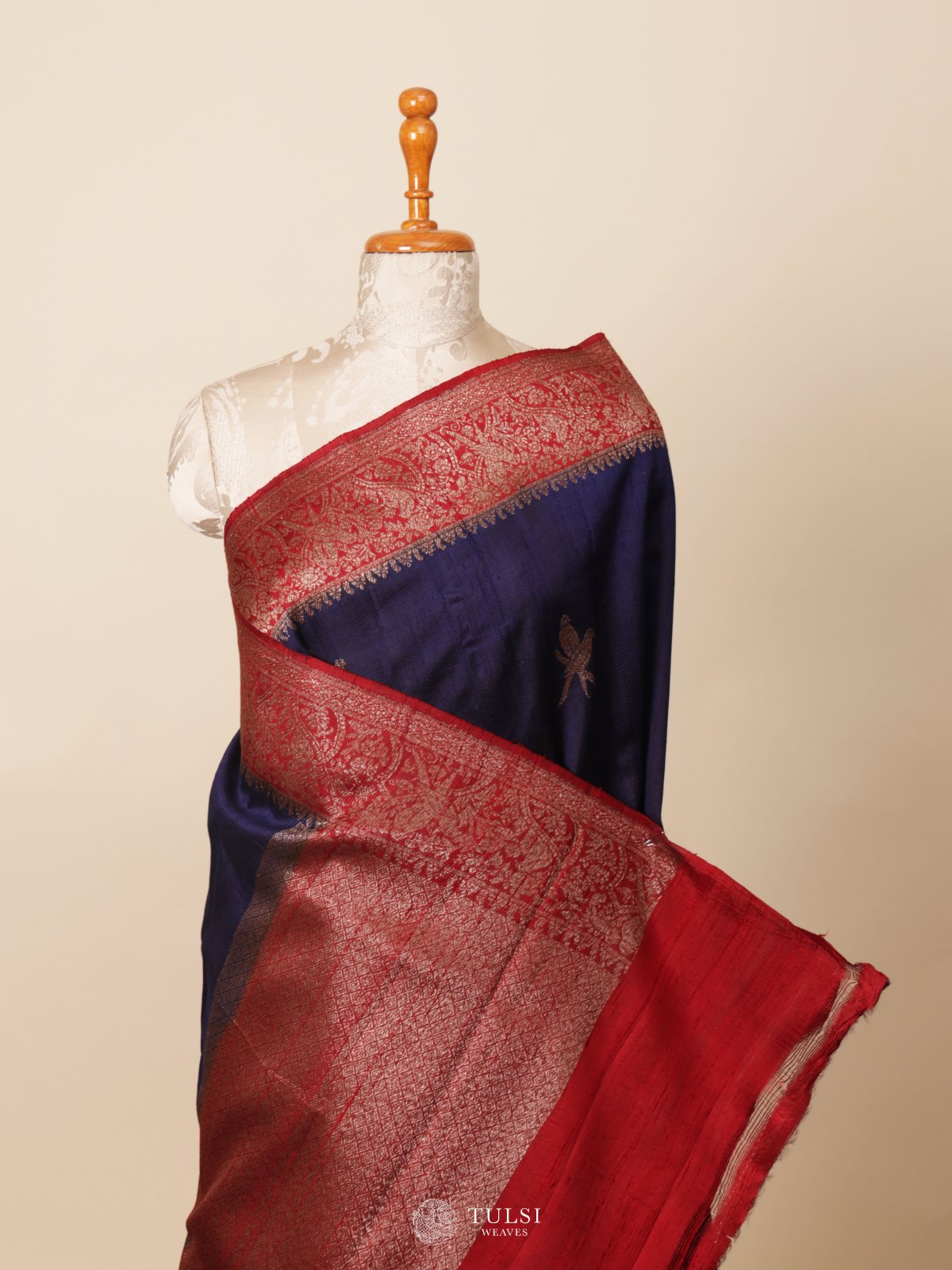 Navy Blue Banaras Tussar Silk Saree