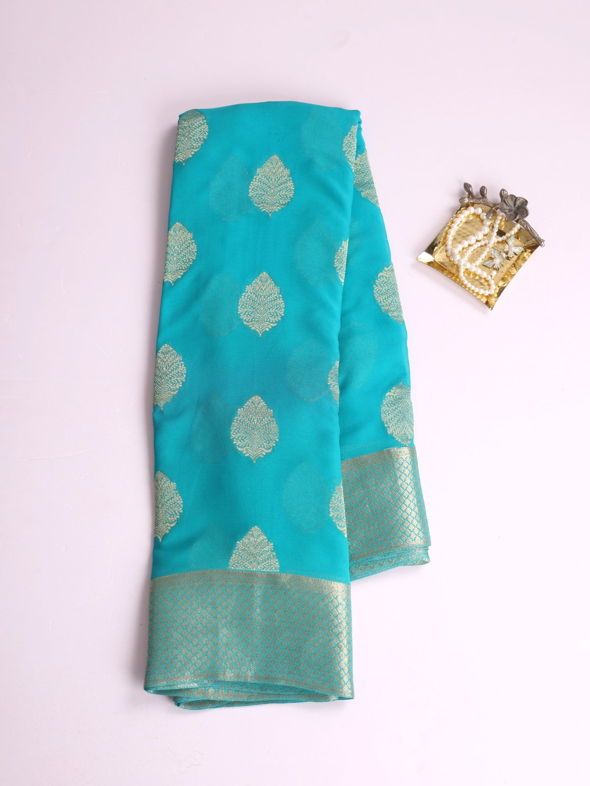 Aqua Blue Mysore Crepe Silk Saree With Zari Border
