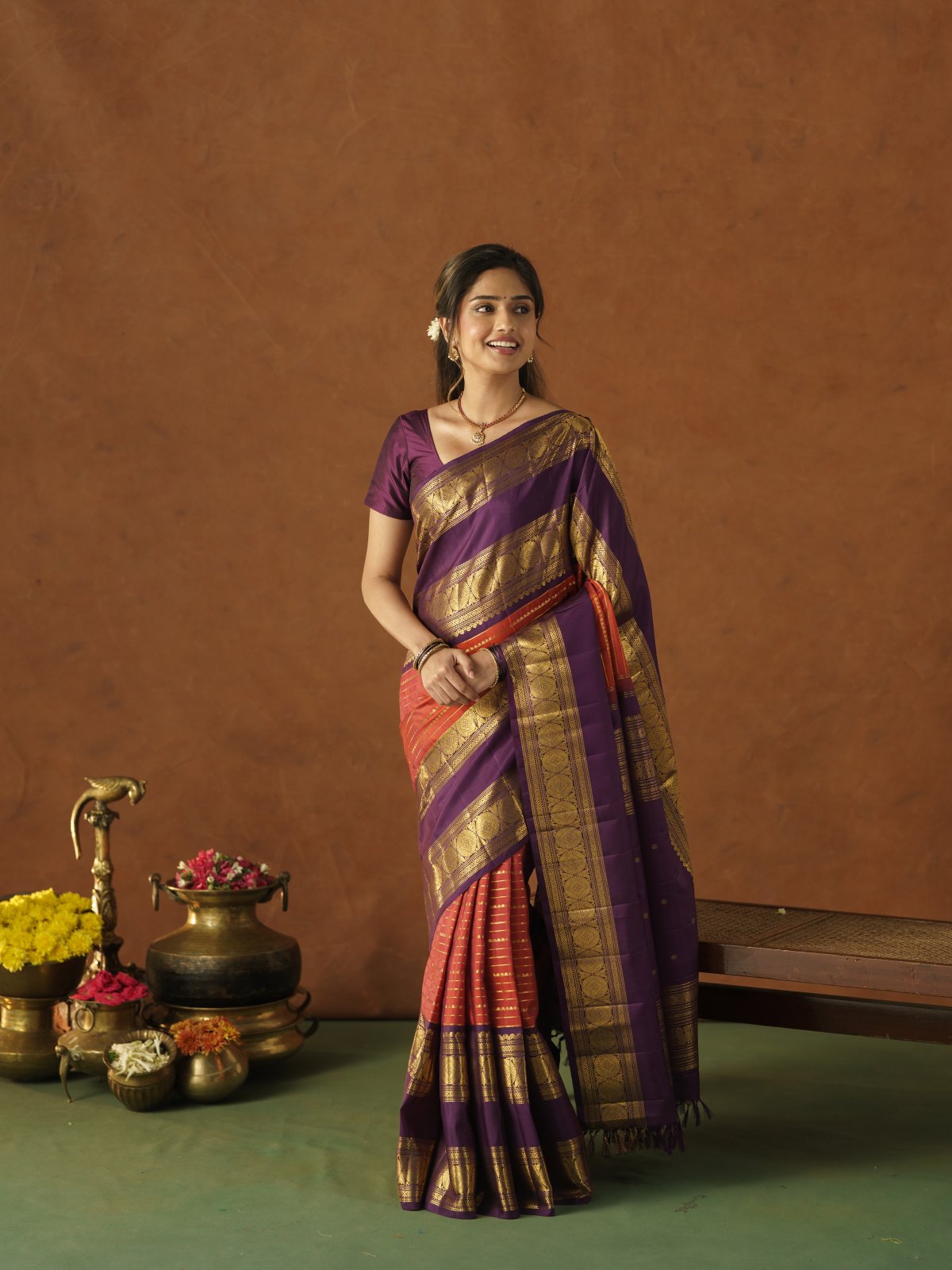 Rust Kanjeevaram Silk Saree With Violet Border 