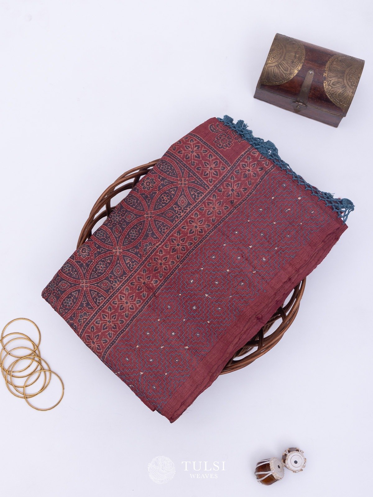 Light Carmine Red Tussar Silk Saree with Printed Ajrakh