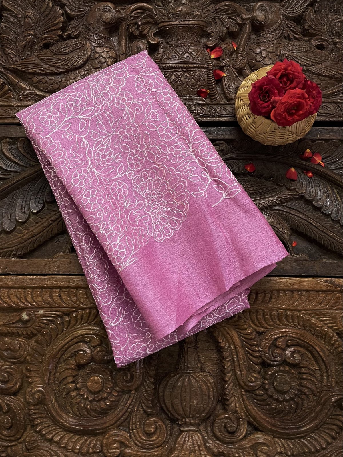 Pink Tussar Silk Blouse With Floral Embroidery