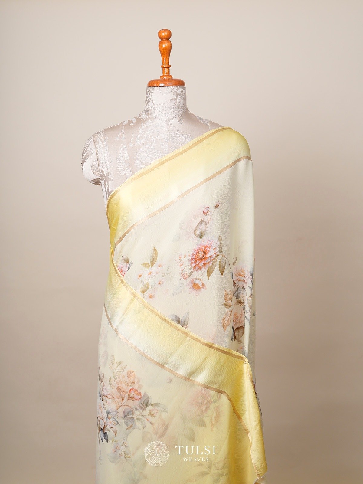 Lemon Yellow Printed Chiffon Saree 