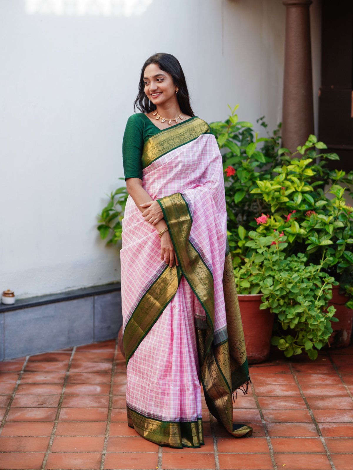 Light Pink Checked Kanjeevaram Silk Saree with Dark Green Zari Border