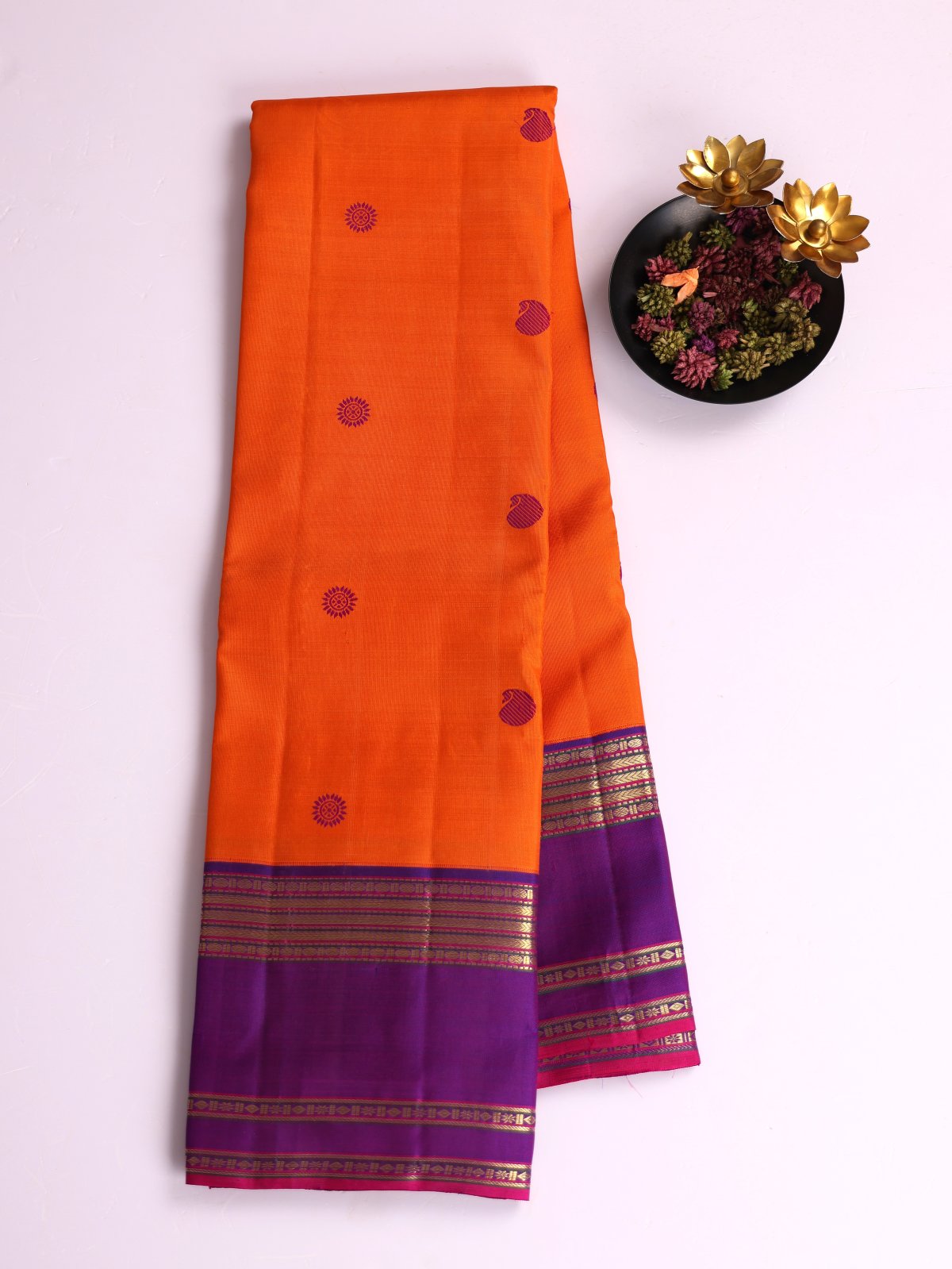 Orange Kanjeevaram Silk Saree With Purple Border