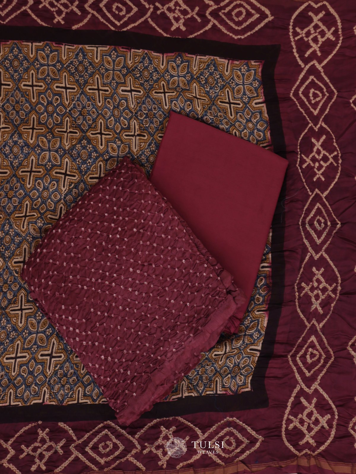 Dark Onion Pink Bandhini Salwar Material With Ajrakh Dupatta