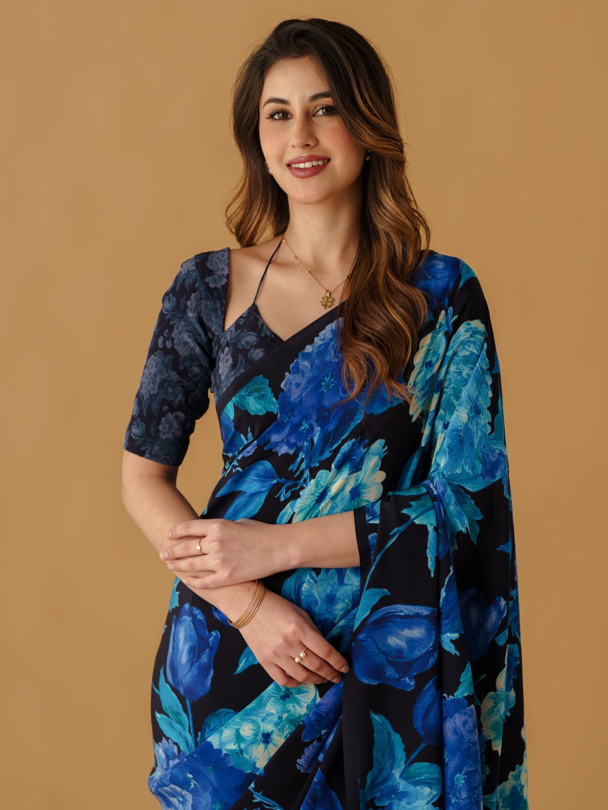 Dark Navy Blue Floral Printed Crepe Silk Saree