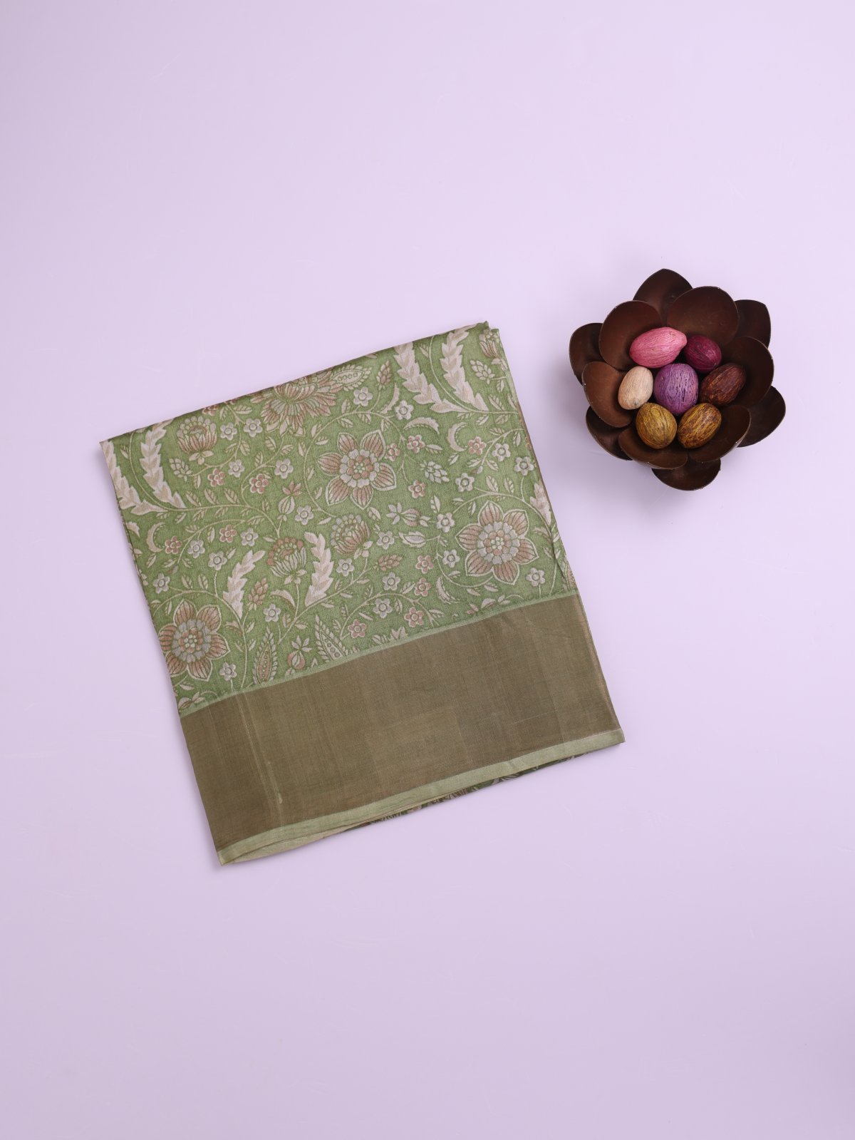 Pastel Green Printed Tussar Silk Saree with Self Zari Border