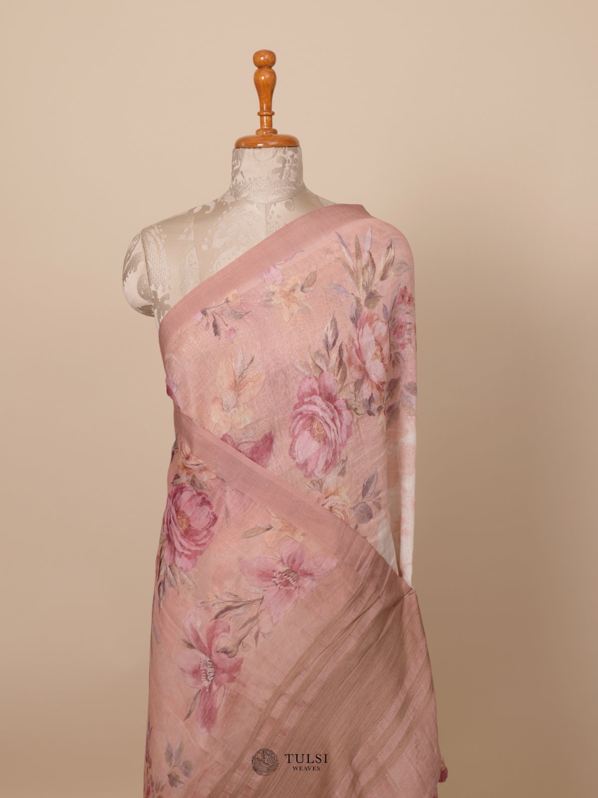 Peach Printed Linen Saree
