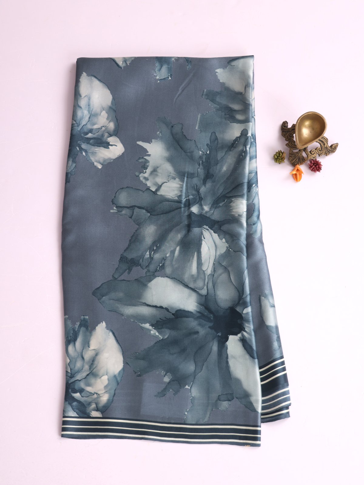 Light Bluish Grey Printed Satin Silk Saree 