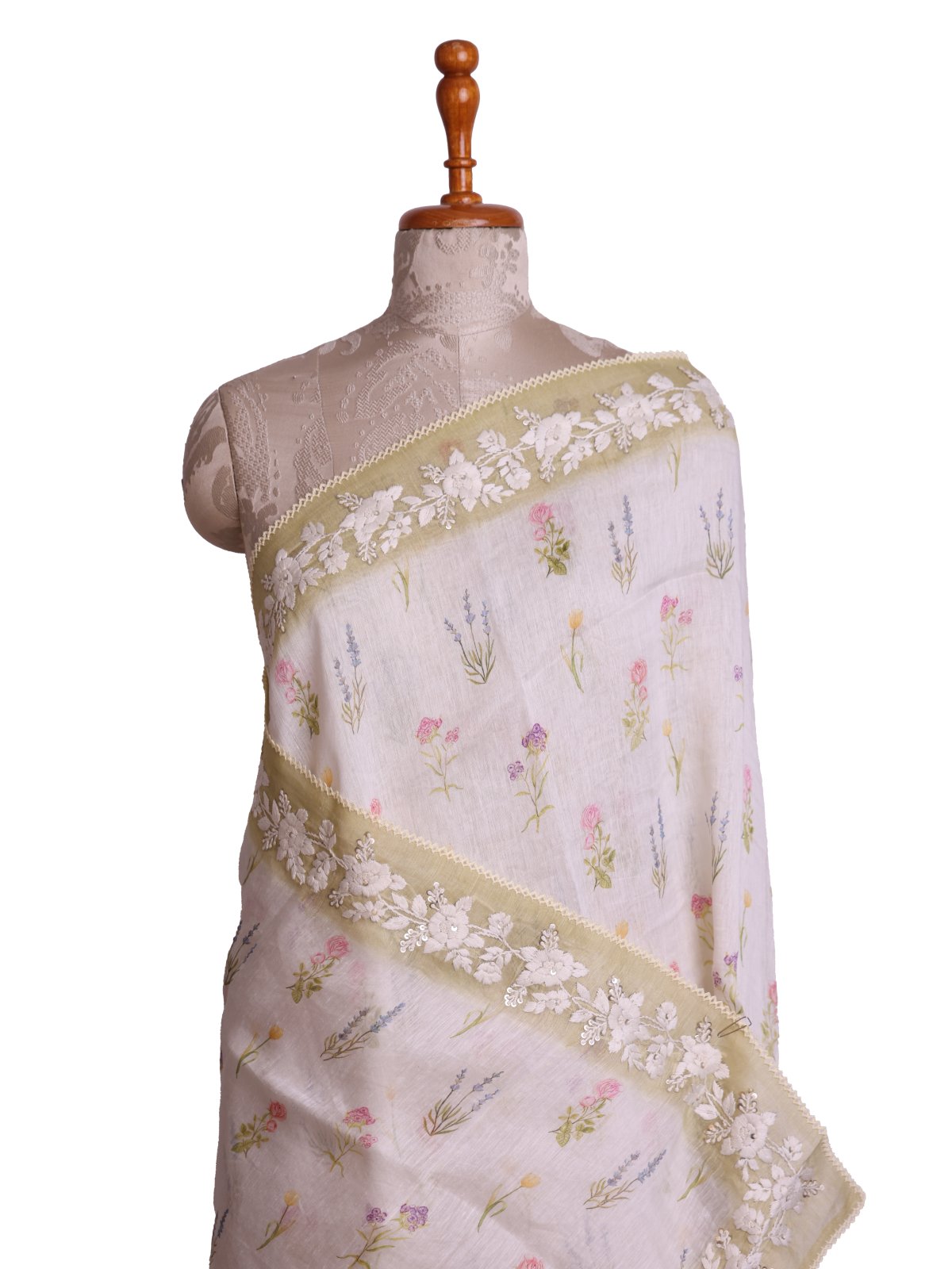 Off-White Linen Saree With Light Mehndi Embroidery Border