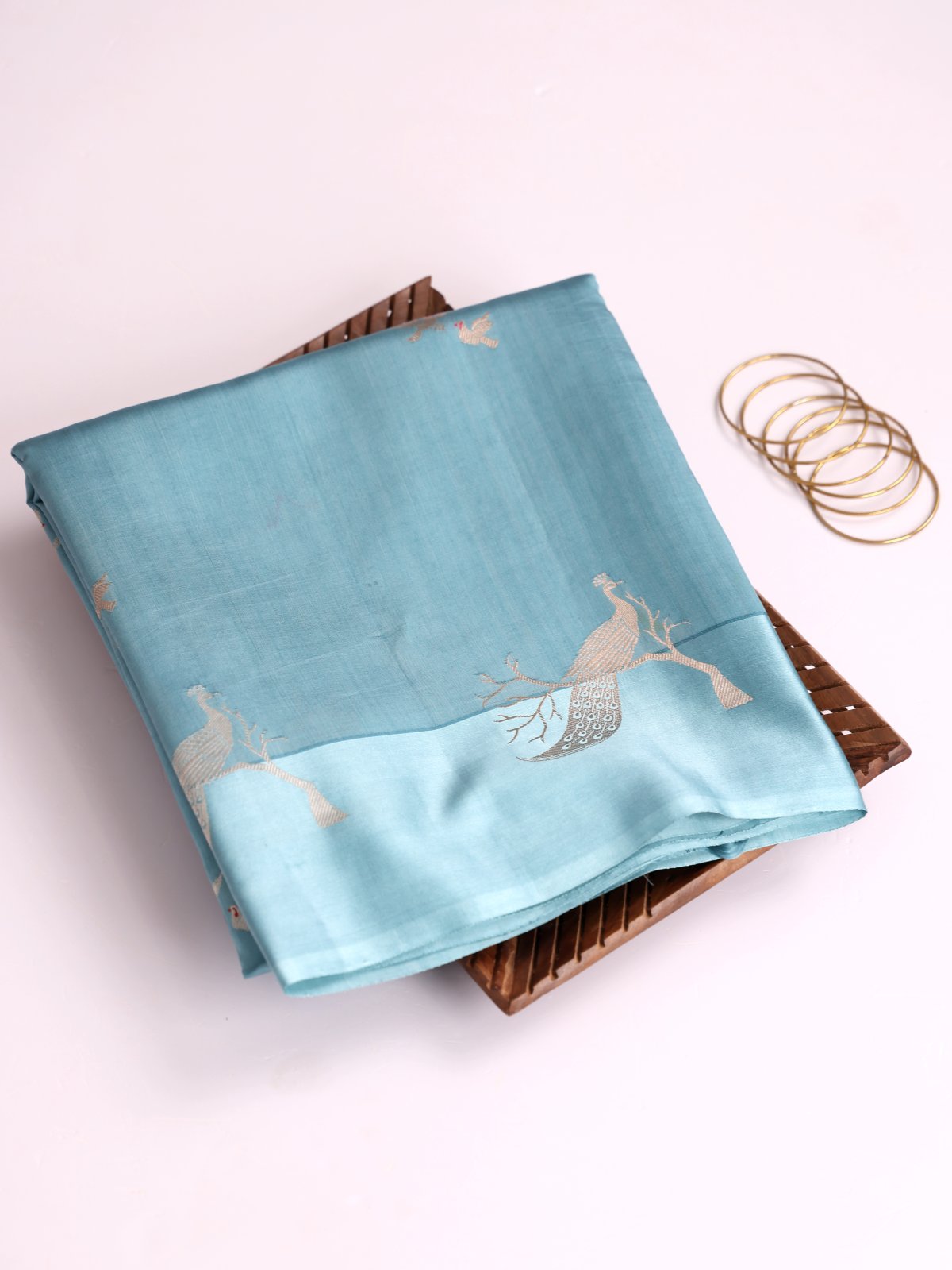 Light Blue Mashru Silk Saree With Satin Border