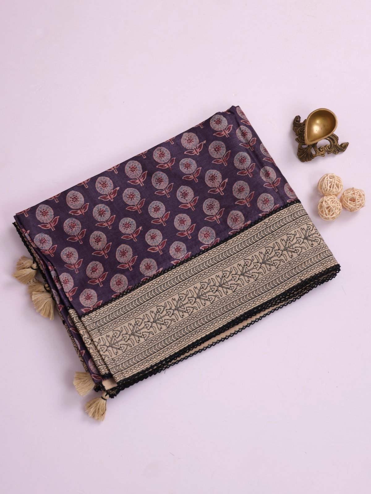 Dusty Purple Ajrakh Printed Munga Tussar Silk Saree With Embroidery