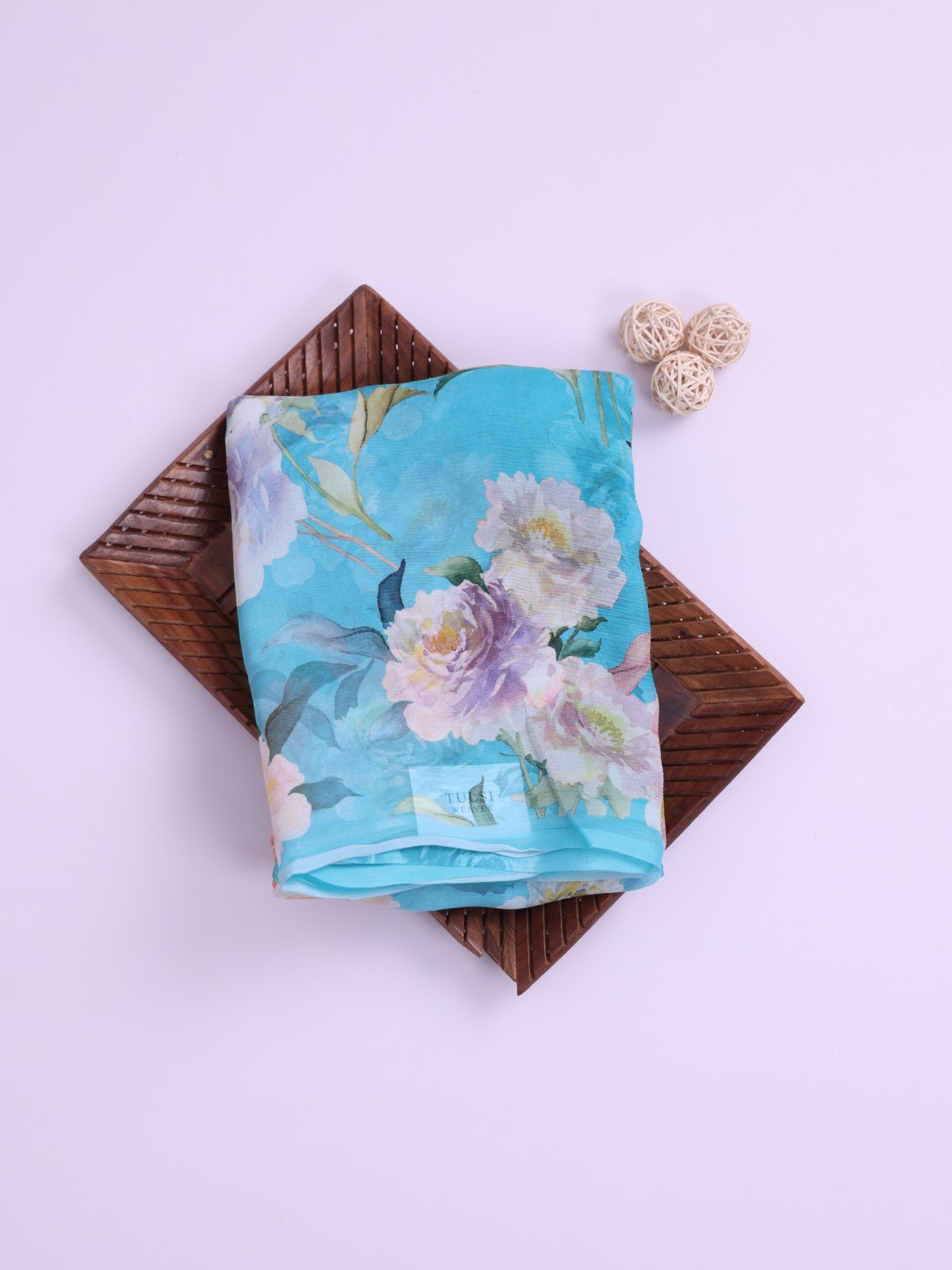 Aqua Blue Floral Printed Chiffon Saree