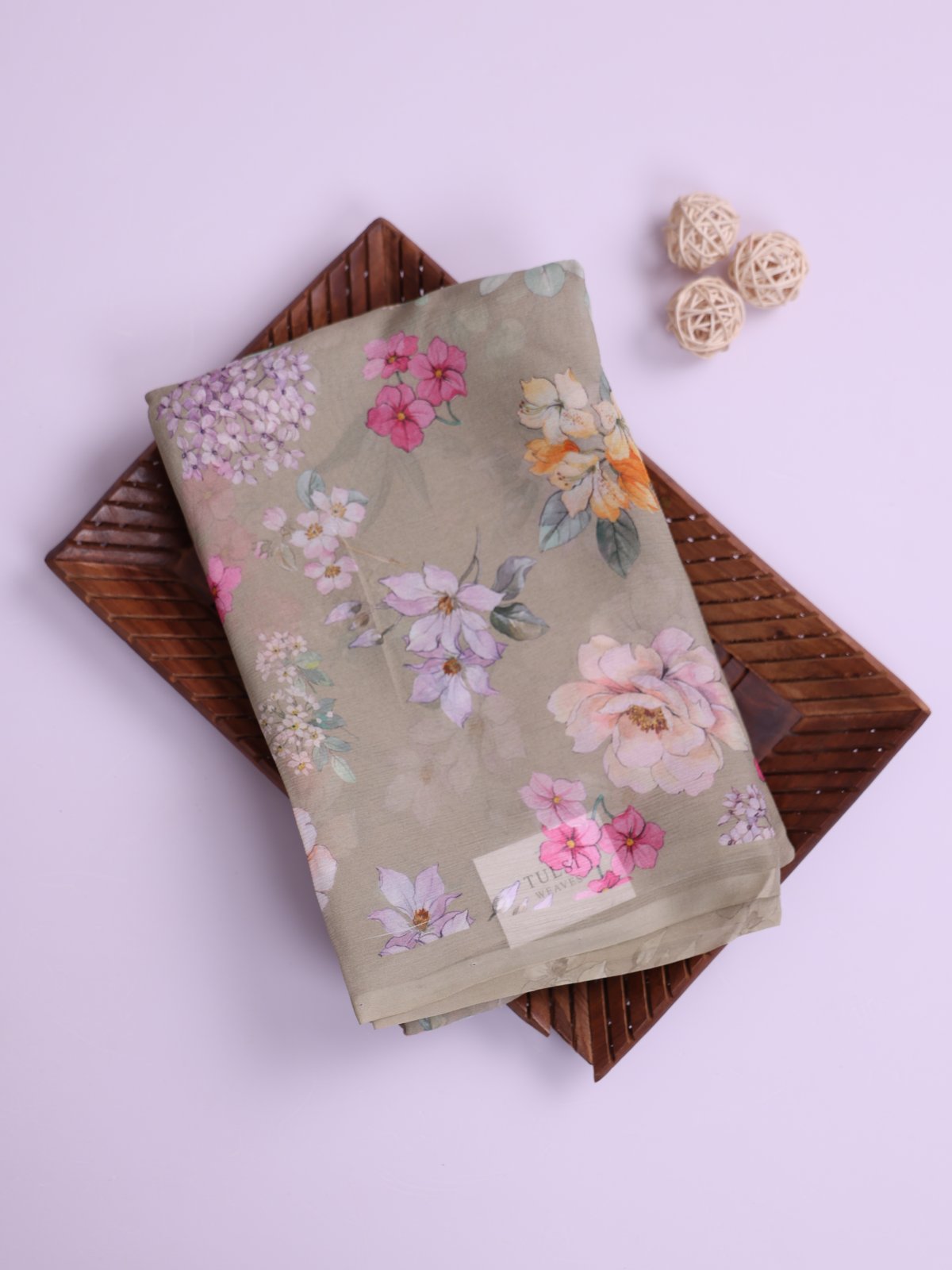 Sage Green Floral Printed Chiffon Saree