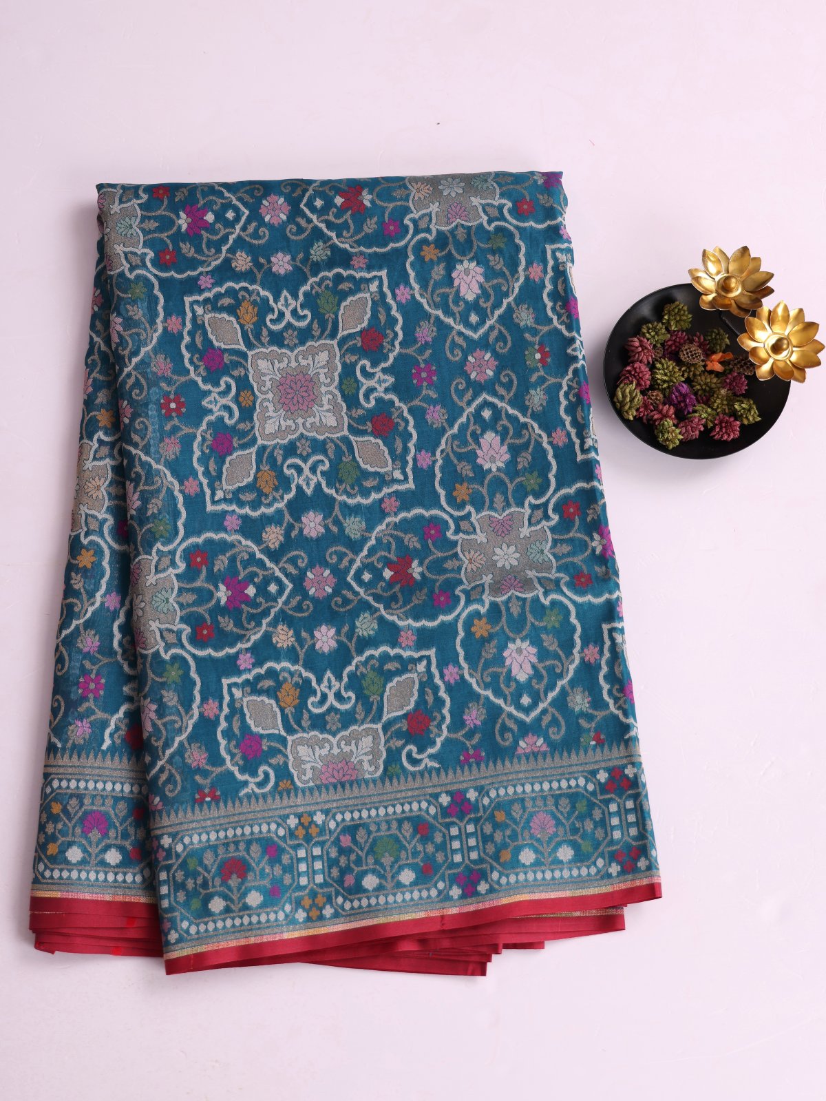Teal Blue Kora Banaras Silk Saree