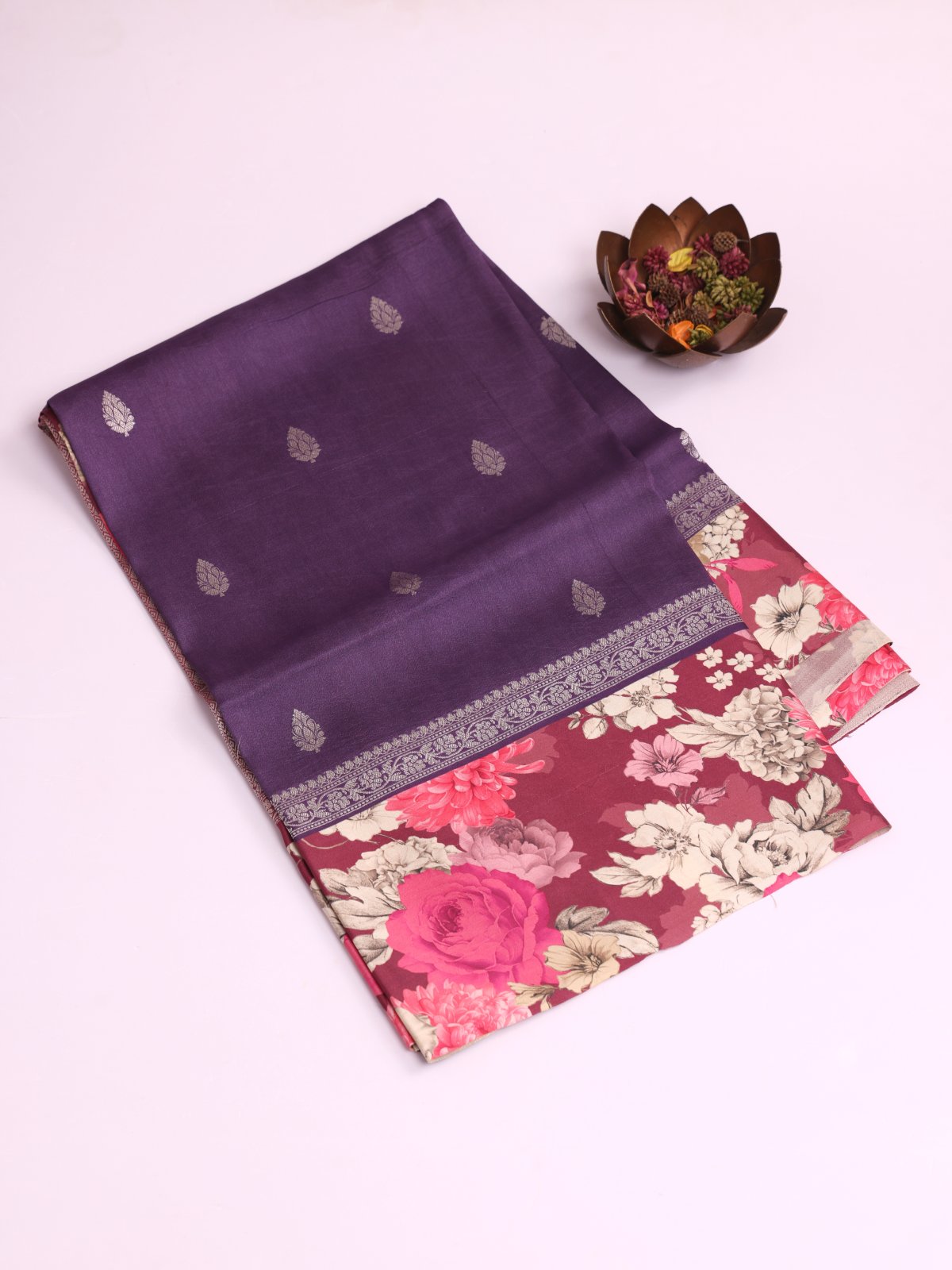 Purple Banaras Tussar Georgette Silk Saree With Printed Burgundy Border