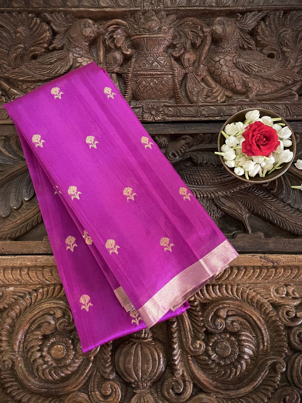 Purple-Pink Chanderi Silk Blouse With Gold Zari Floral Detailing