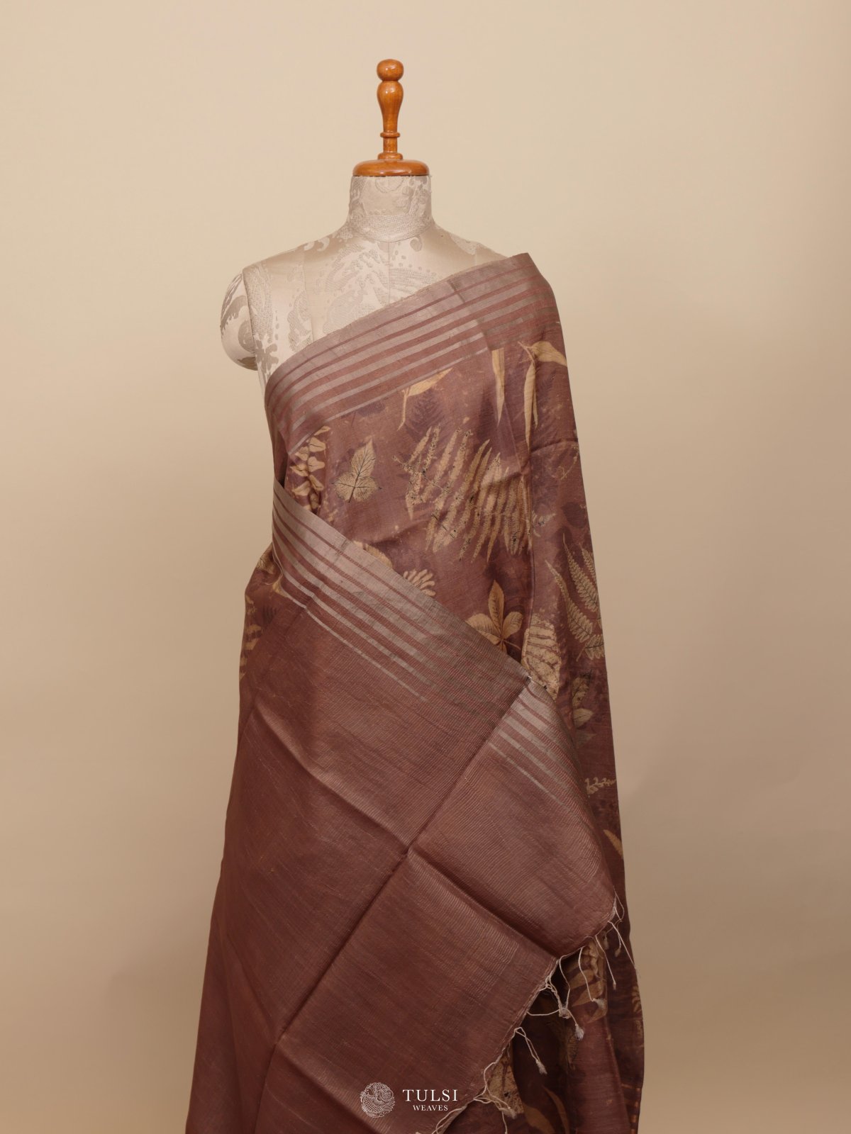 Light Brown Printed Tussar Silk Saree
