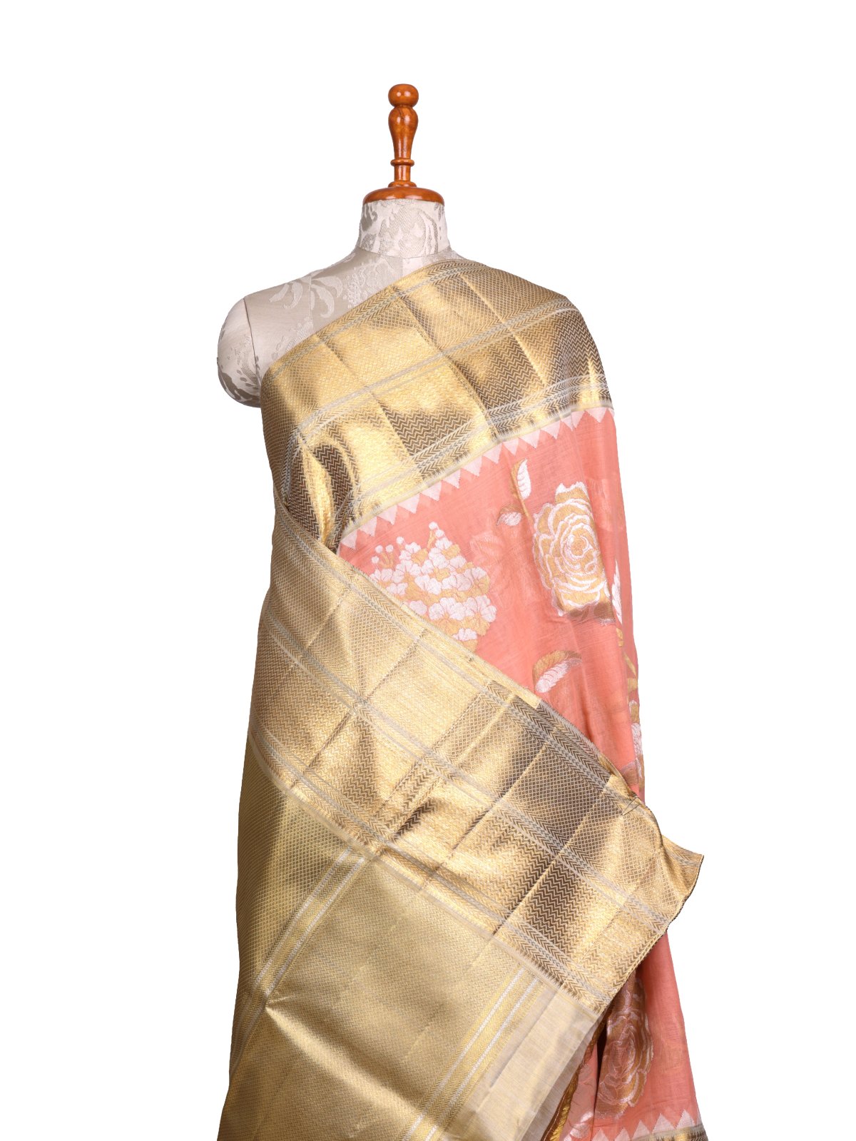 Peach Khadi Cotton Saree With Beige Kanjeevaram Silk Border