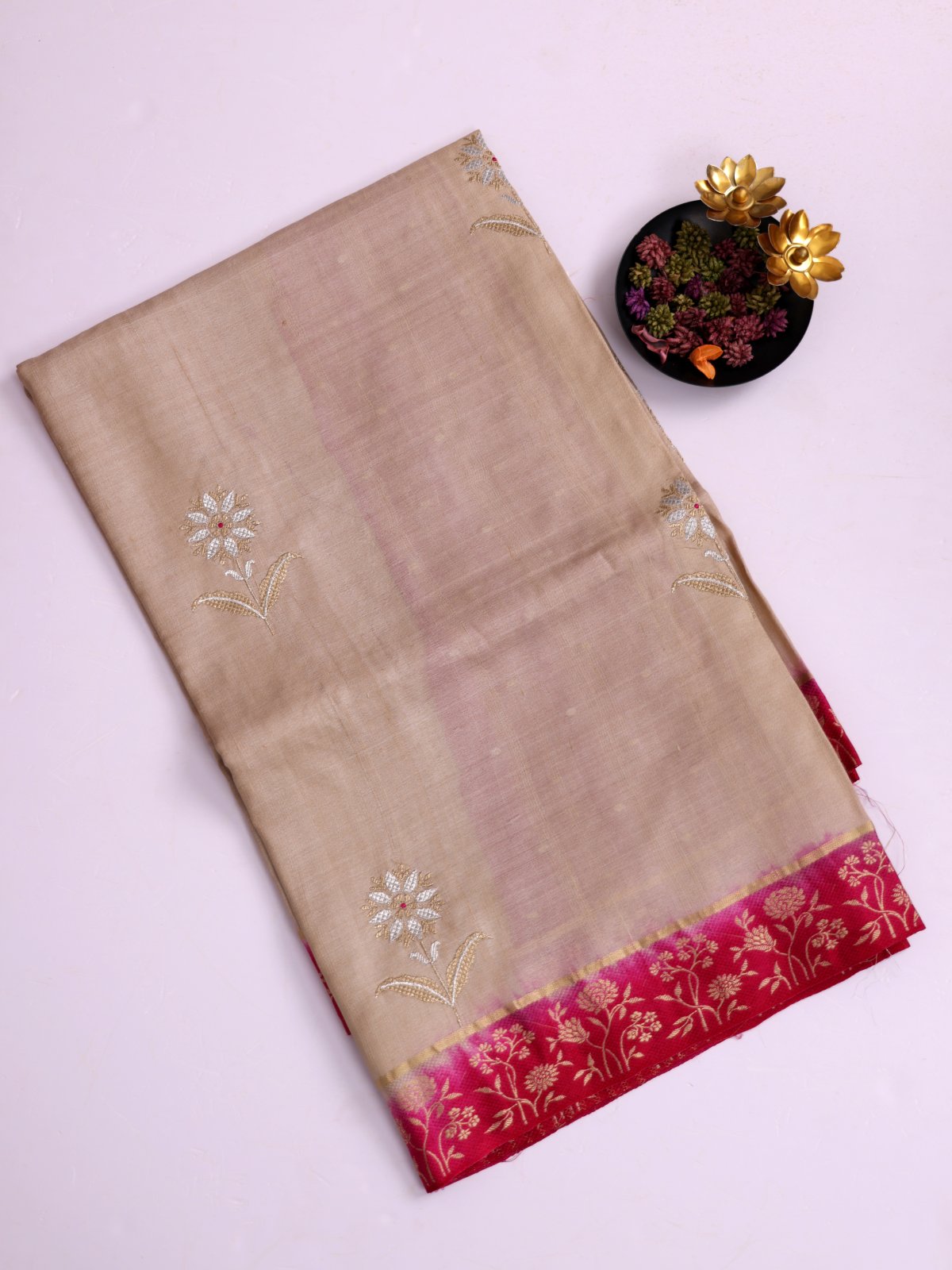 Beige Tussar Silk Saree With Dark Pink Border