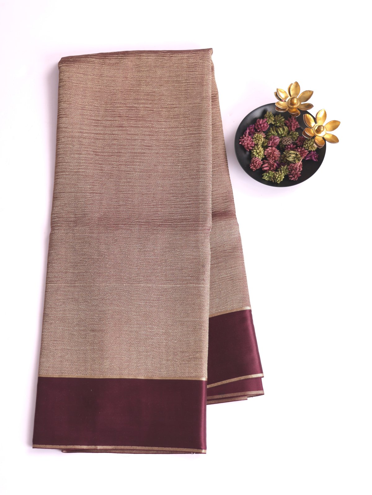Chocolate Brown Zari Striped Mysore Silk Saree With Satin Border 