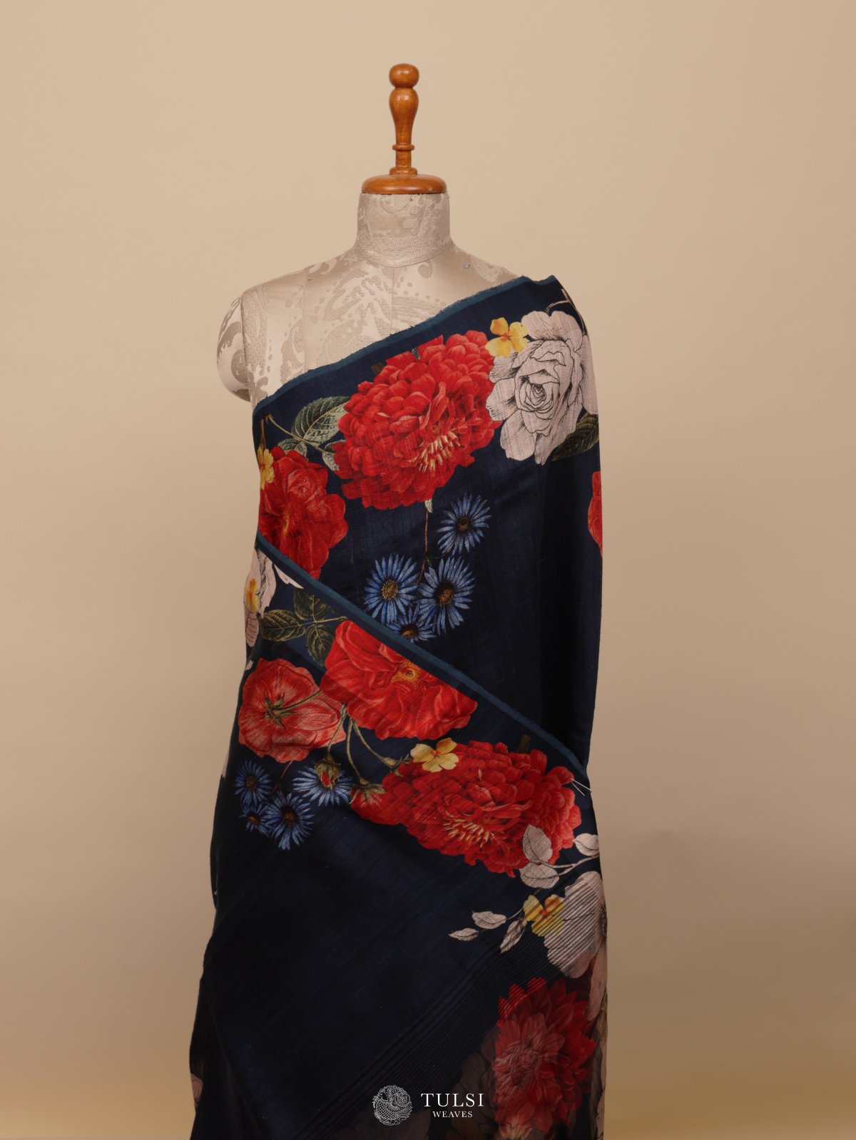 Navy Blue Matka Printed Tussar Silk Saree