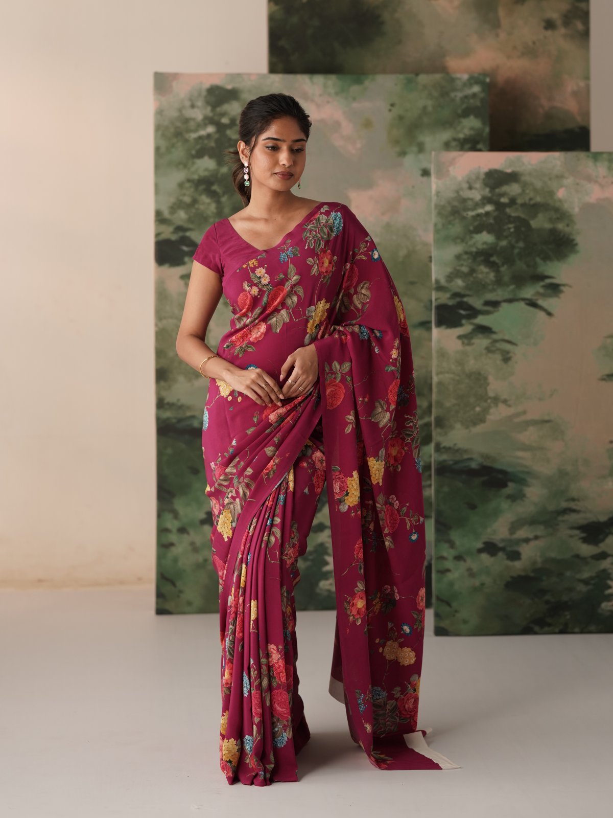 Burgundy Printed Crepe Silk Saree