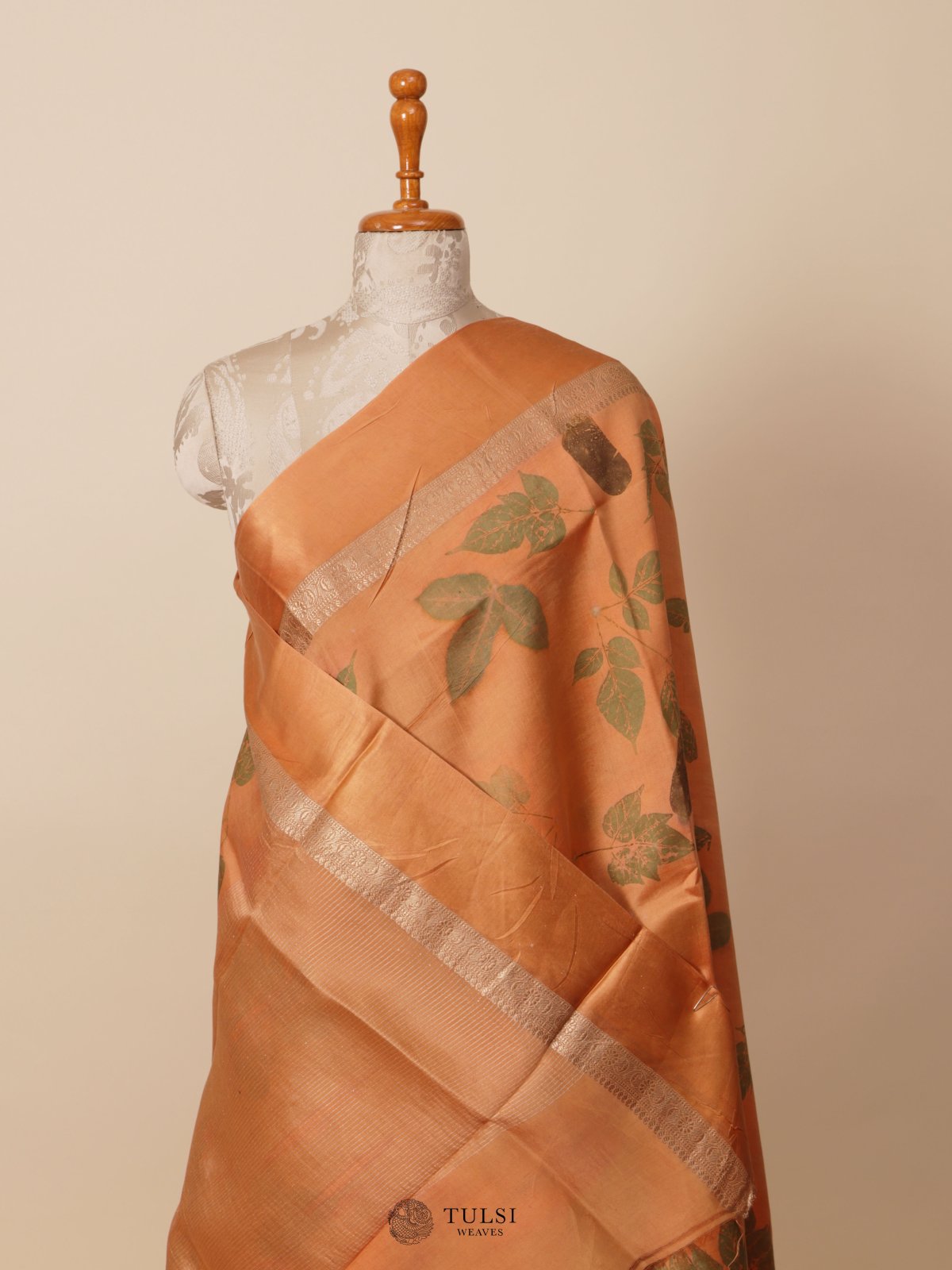 Orange Eco Print Silk Saree With Satin Border 