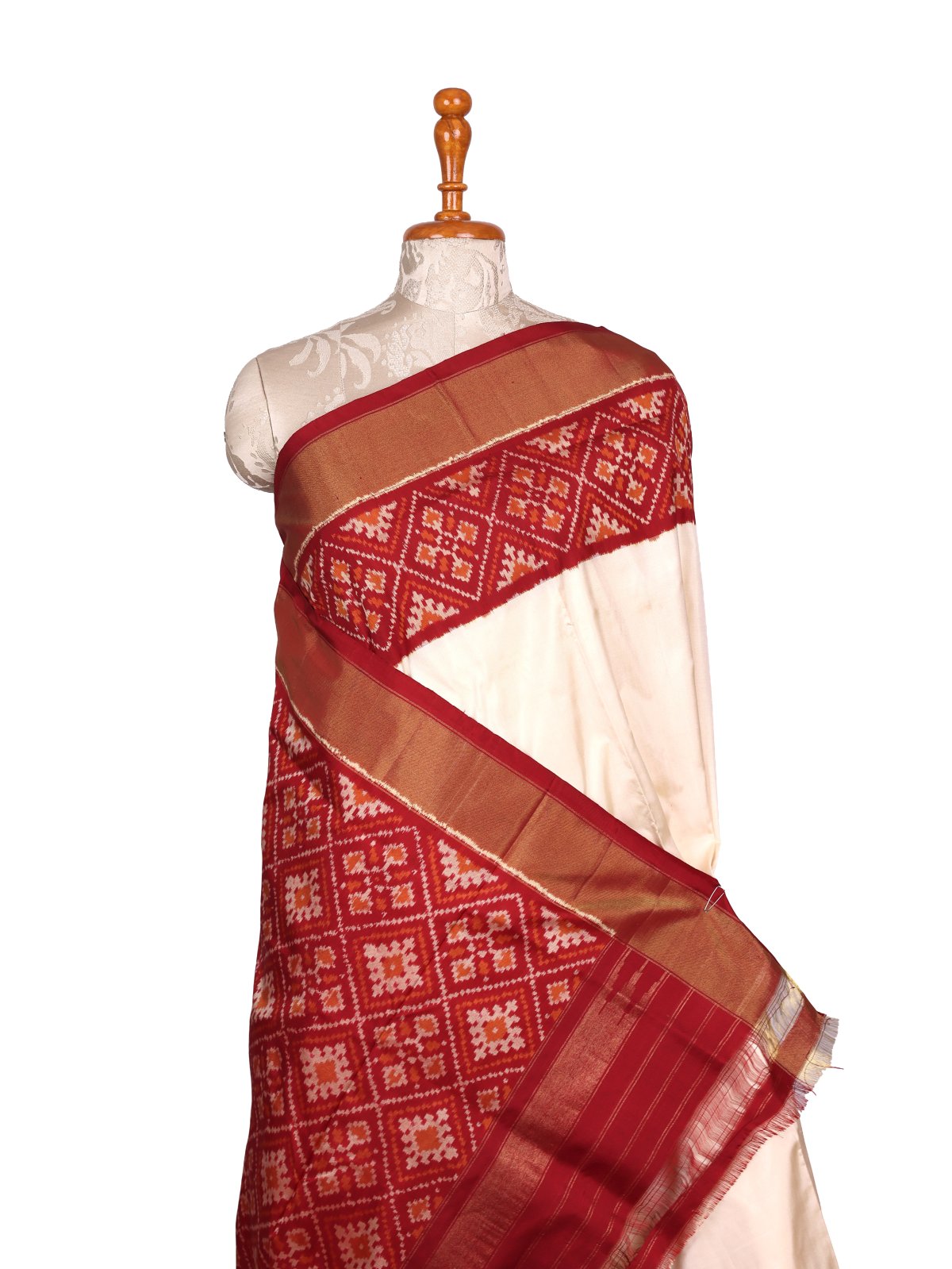 Cream Ikat Silk Saree With Red Border