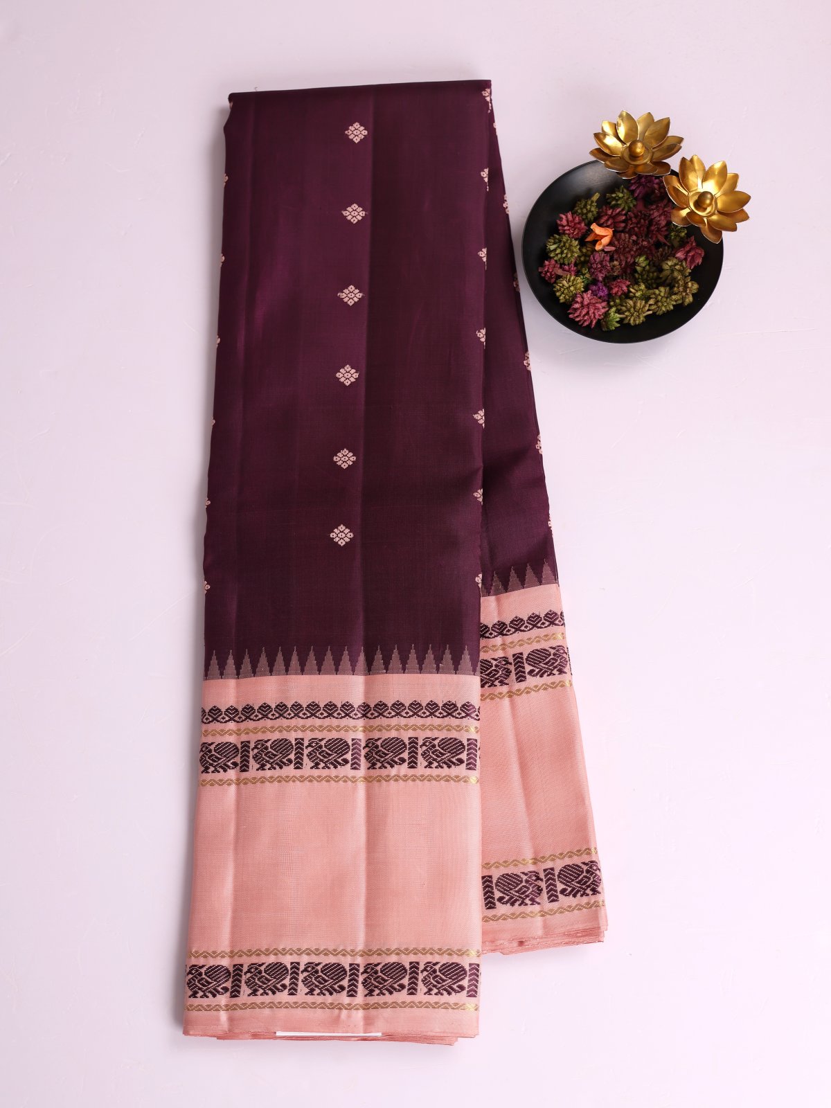 Wine Kanjeevaram Silk Saree With Dusty Peach Border