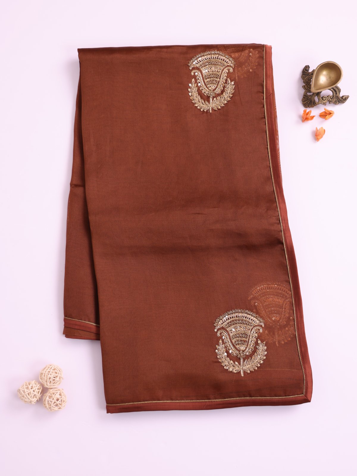 Brown Embroidered Organza Silk Saree