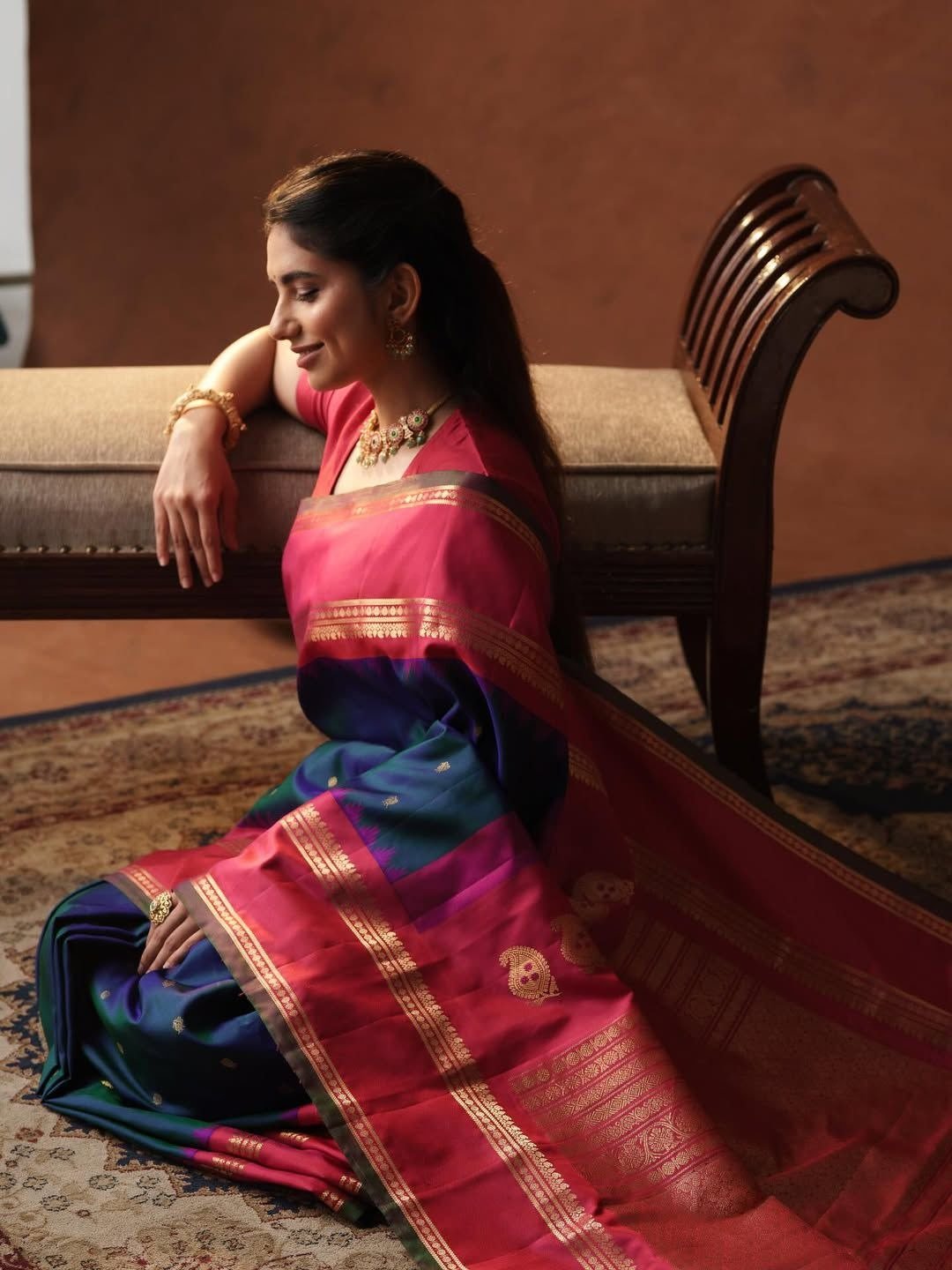 Peacock Blue Gadwal Silk Saree With Red Border