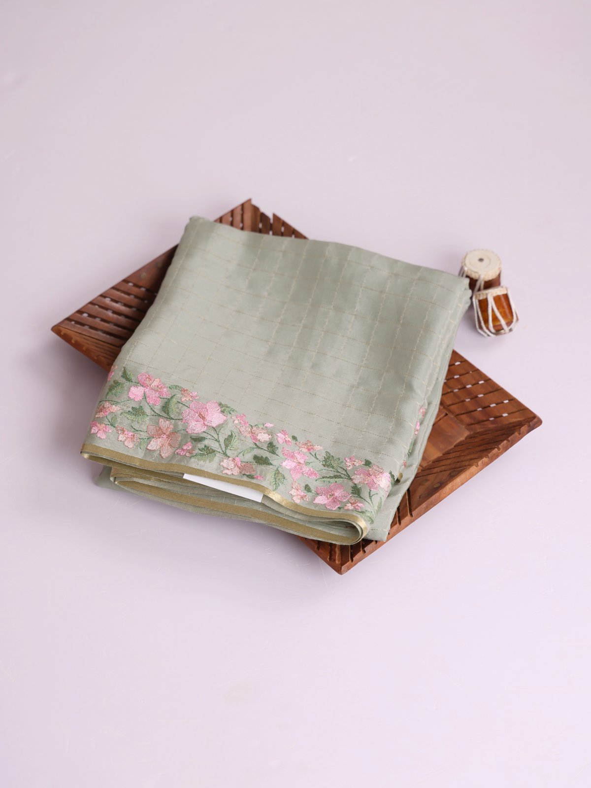 Light Sage Green Zari Checked Mysore Crepe Silk Saree With Embroidered Border