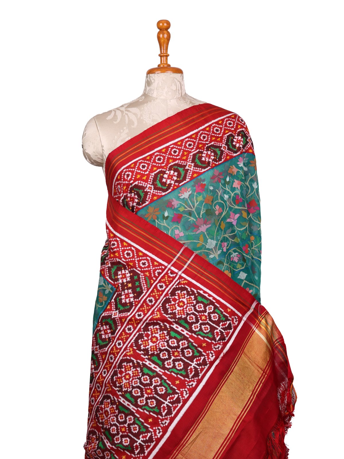 Teal Green Kora Jamdani Silk Saree With Red Border