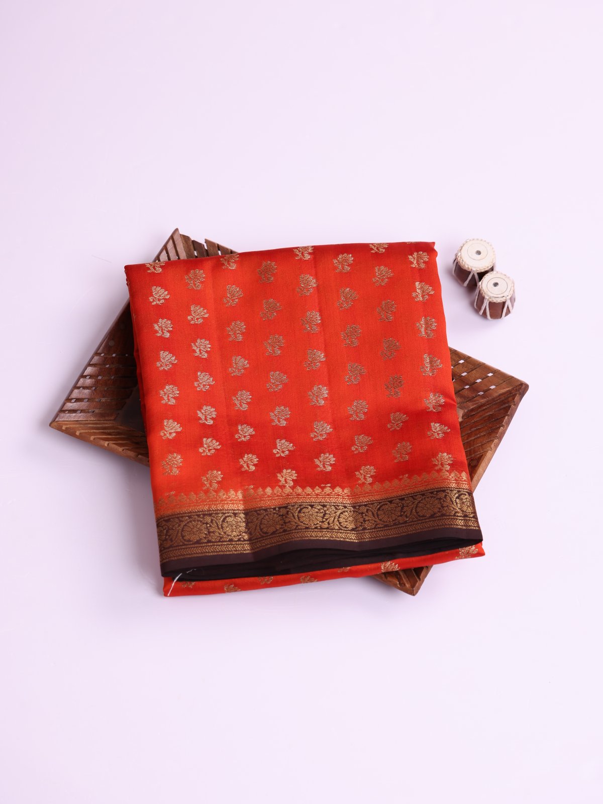 Bright Orange Chaniya Silk Saree with Brown Border