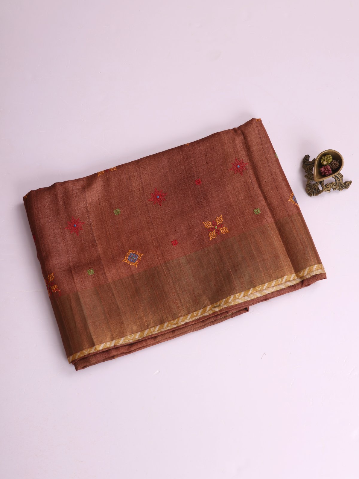 Brown Embroidered Tussar Silk Saree With Zari Border