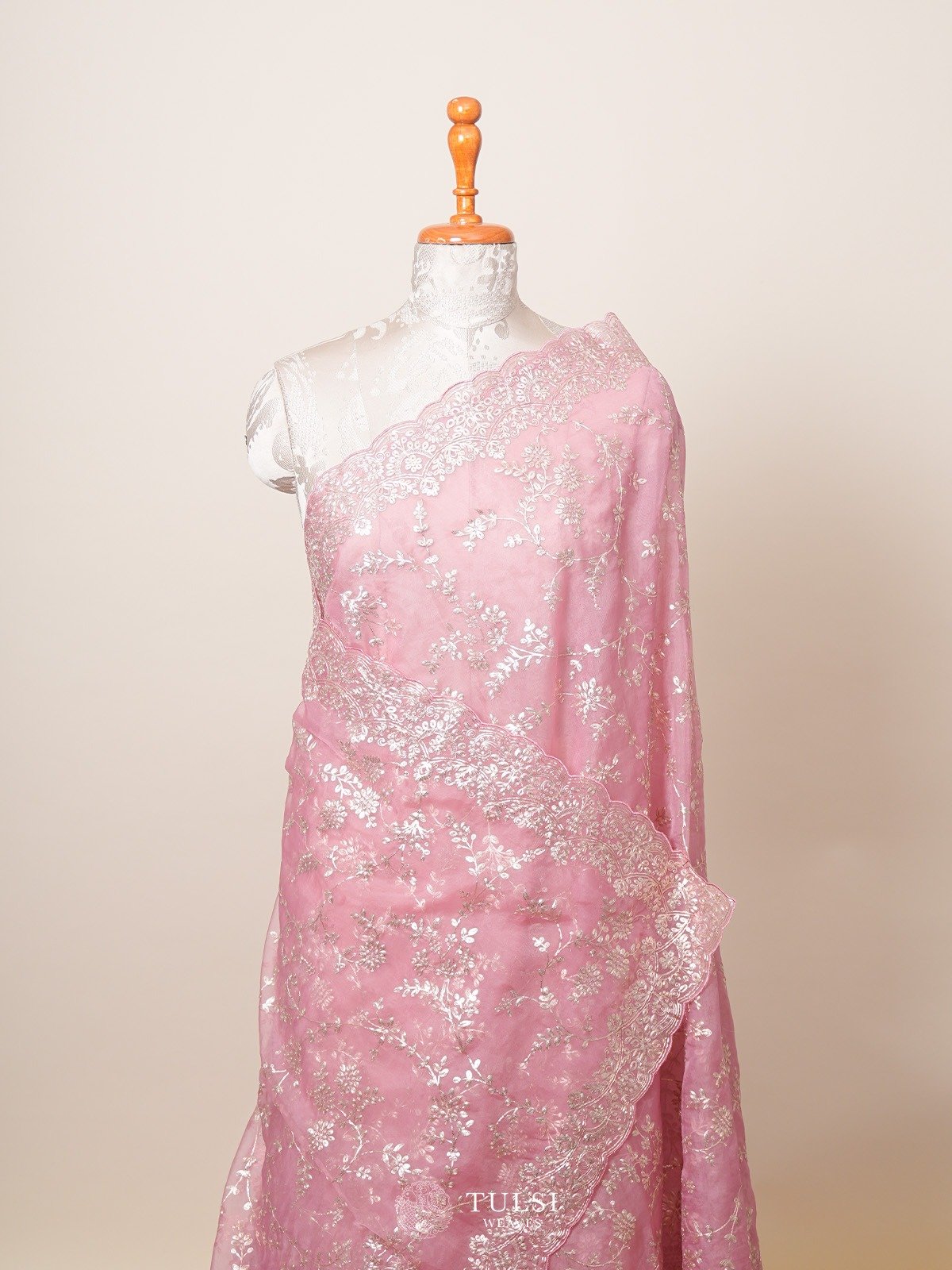 Pink Organza Saree With Floral Embroidery