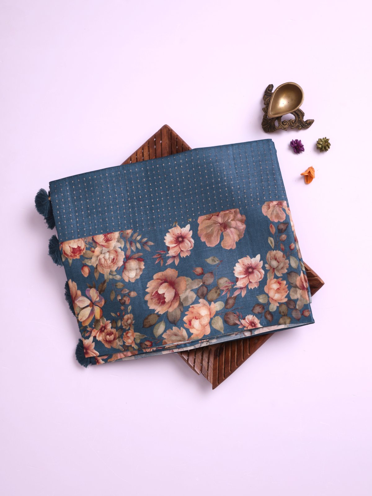 Sea Blue Tussar Silk Saree with Printed Border