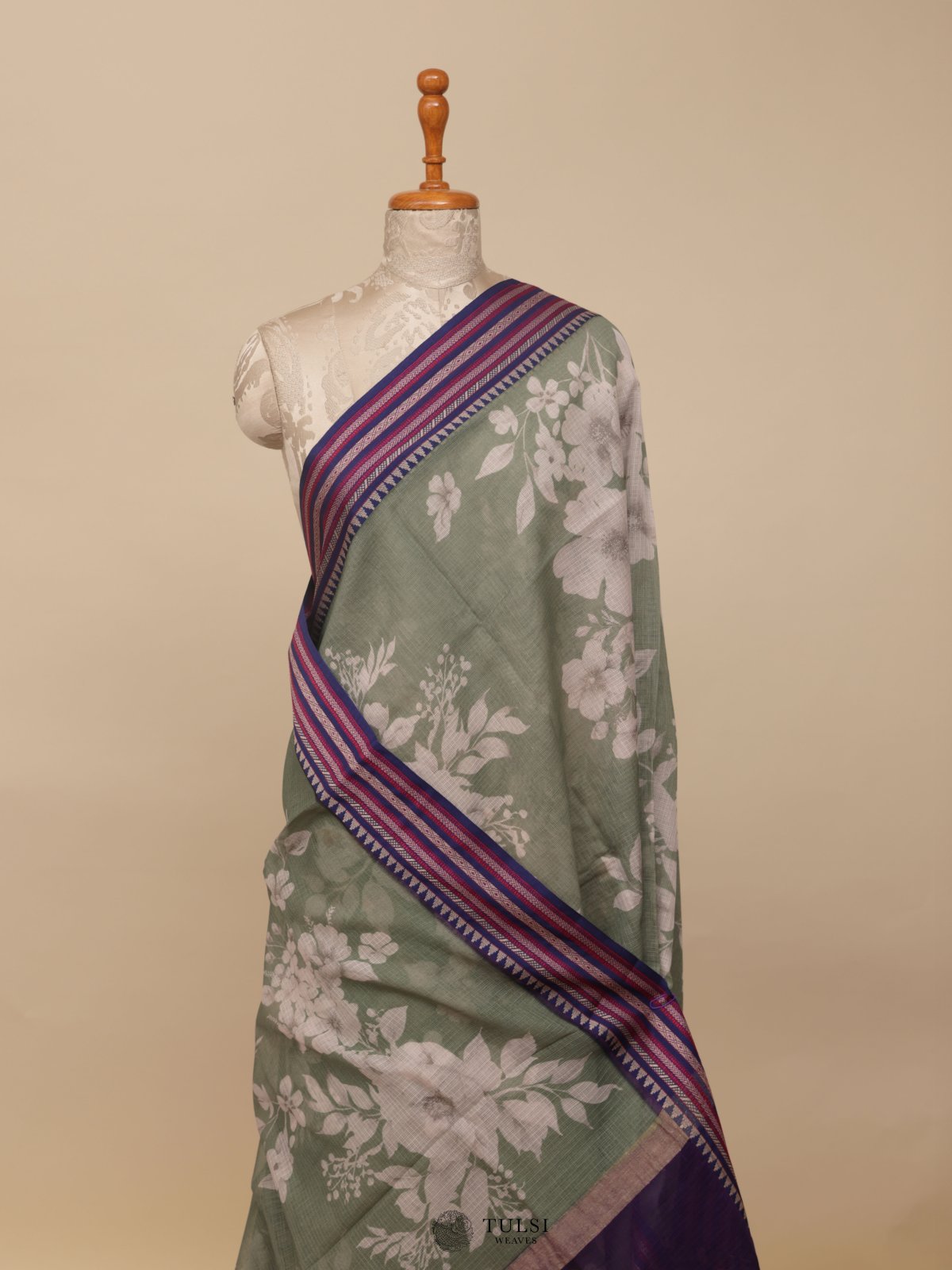 Dark Pastel Green Semi Kota Saree With Navy Blue Border