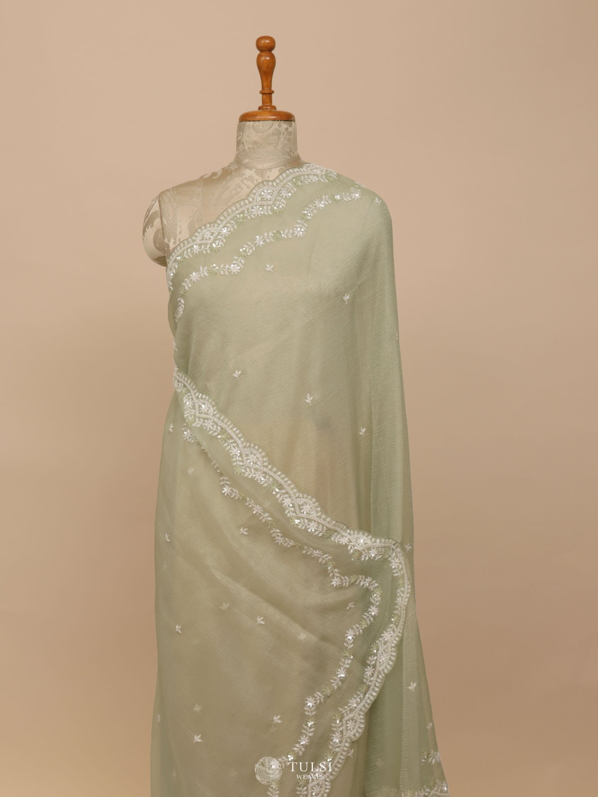 Pastel Green Crushed Georgette Silk Saree